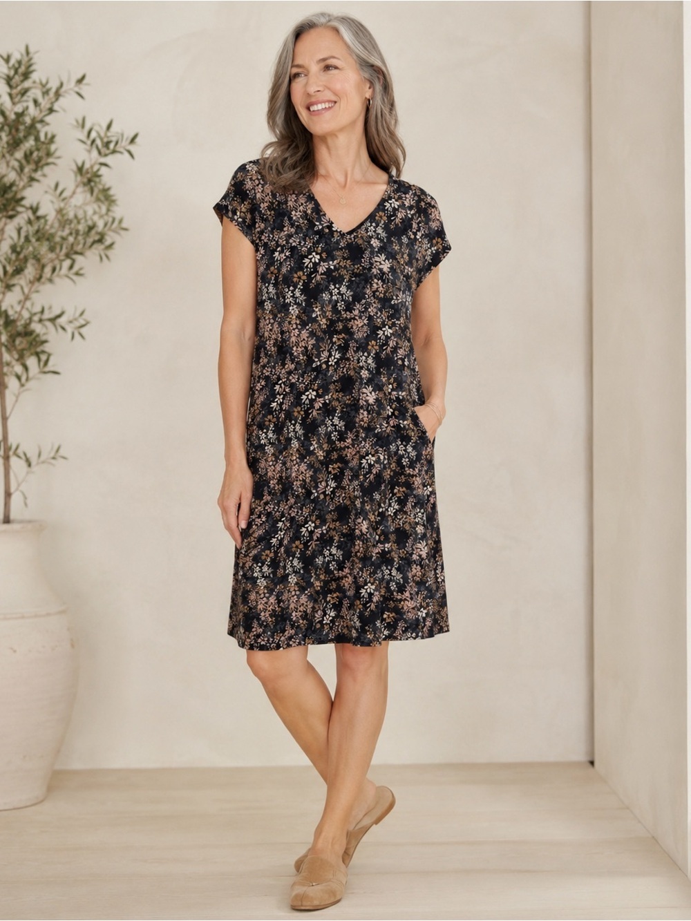 J.Jill Pure Jill Easy Knit Two-Pocket Dress | Medium Tall | Boho Floral Cotton
